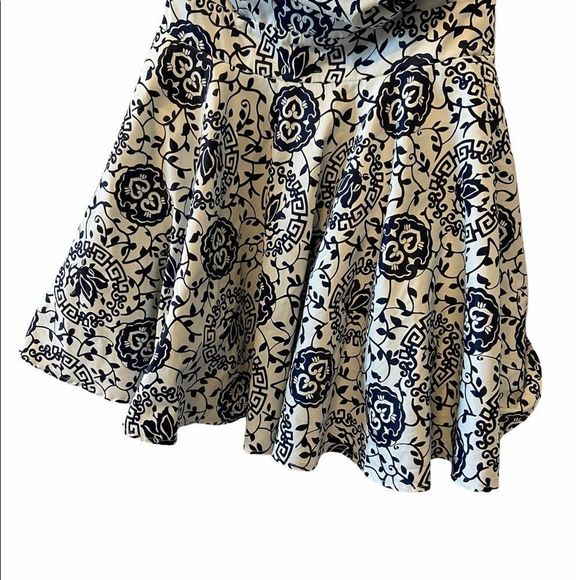 White & Navy Sateen Printed Strapless Party Dress - Picture 3 of 12